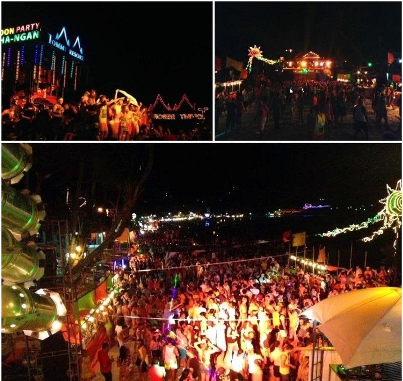 Música eletrônica, reggae, pop e diversos outros estilos tocando em mais de 10 tendas espalhadas na praia de Haad Rin