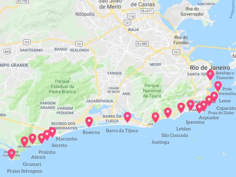 Mapa com a localização das melhores praias do Rio de Janeiro