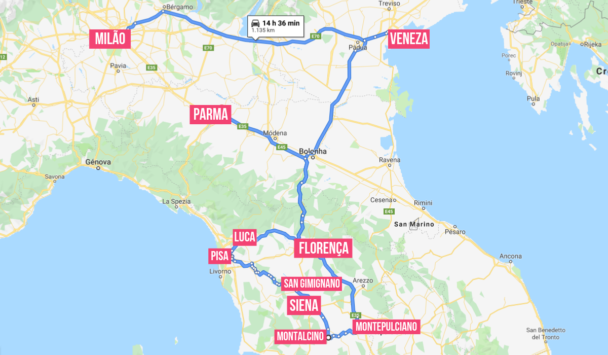 mapa com o roteiro da itália 7 dias